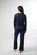 Midnight Muse - Deep Navy Blue PJ Set With Burnt Orange Piping