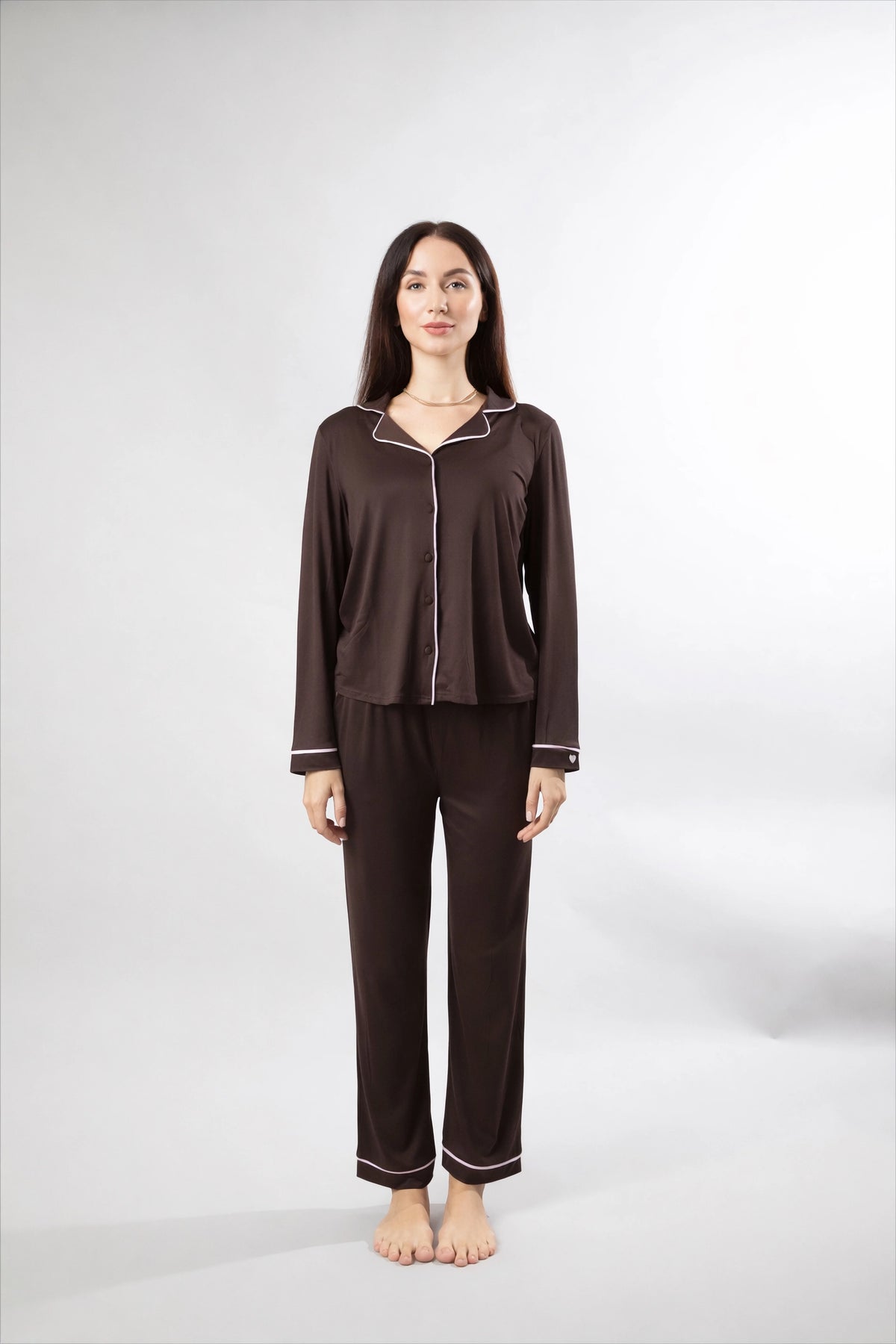 Espresso Martini -  Espresso Brown Pyjama Set With Baby Pink Piping