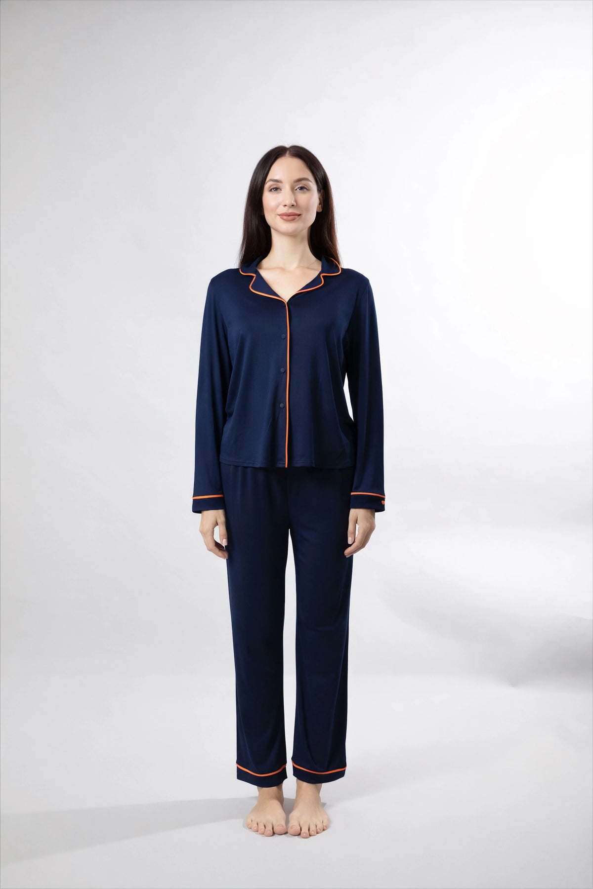 Midnight Muse - Deep Navy Blue PJ Set With Burnt Orange Piping