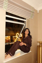 Espresso Martini -  Espresso Brown Pyjama Set With Baby Pink Piping