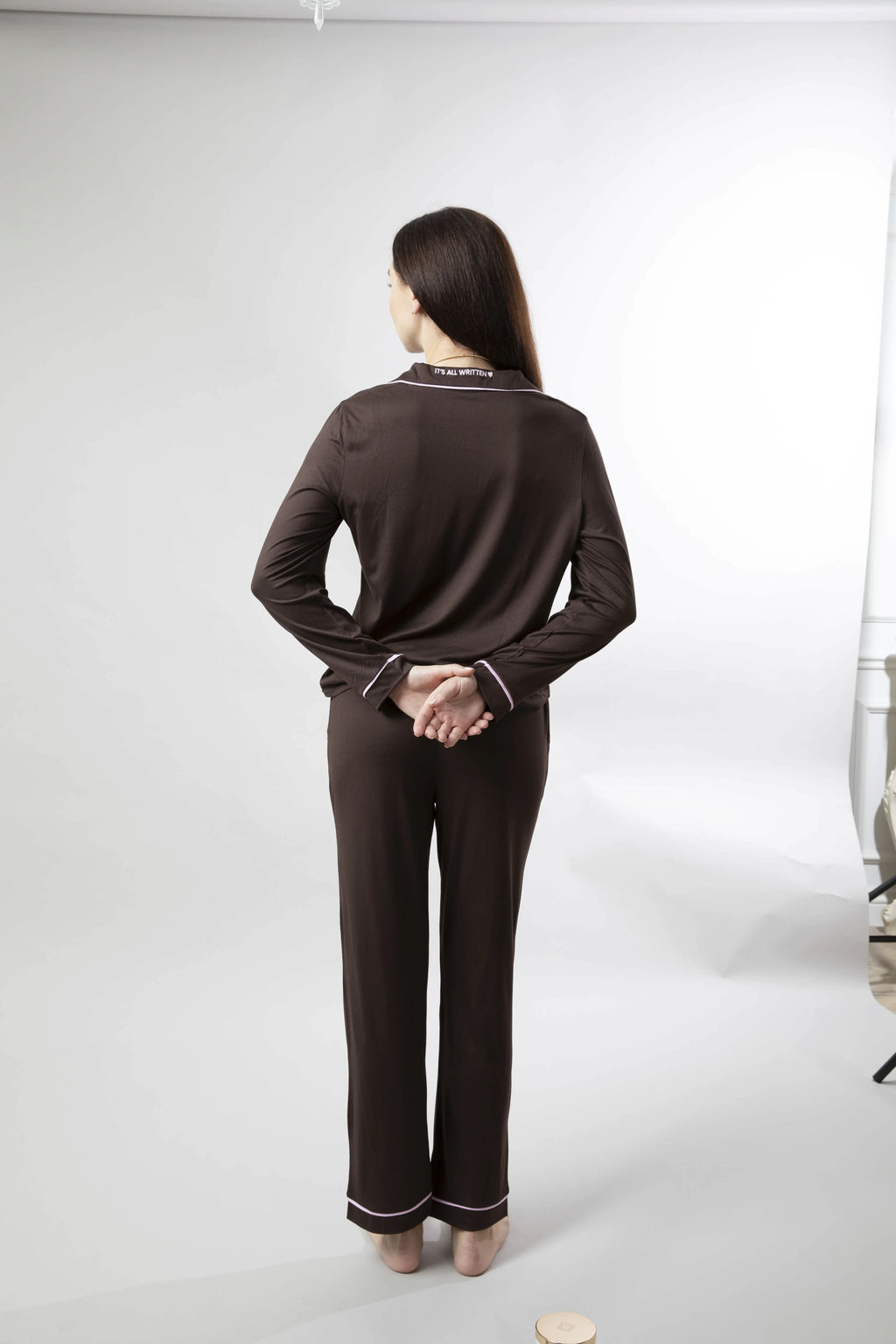 Espresso Martini -  Espresso Brown Pyjama Set With Baby Pink Piping